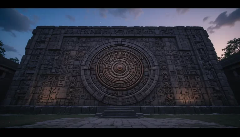 Imagem do calendário maia talhado em pedra antiga, destacando os símbolos dos ciclos Tzolk’in e Haab’, usados para medir o tempo com precisão astronômica.