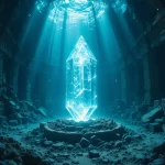 Representação artística de um cristal atlante sob o oceano, emitindo energia luminosa em meio a ruínas submersas.