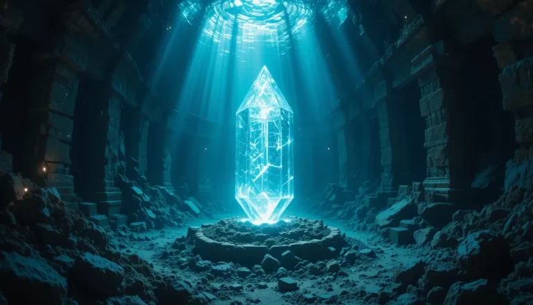 Representação artística de um cristal atlante sob o oceano, emitindo energia luminosa em meio a ruínas submersas.